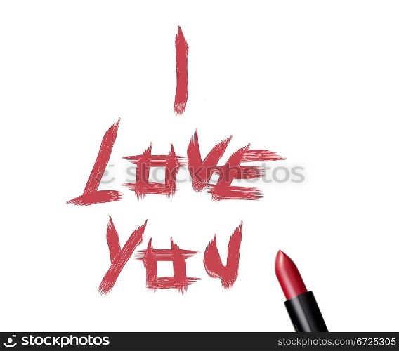 "close up of a lipstick and inscription "I love you" on white background.. lipstick"