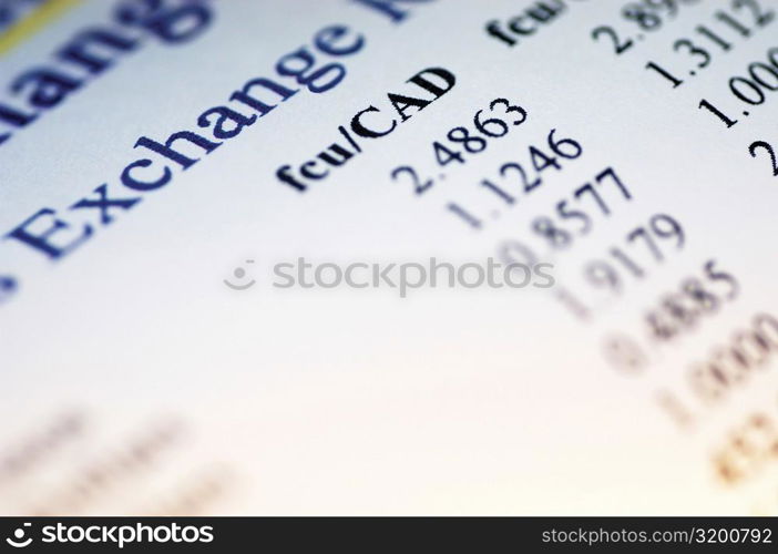 Close-up of a list of exchange rates