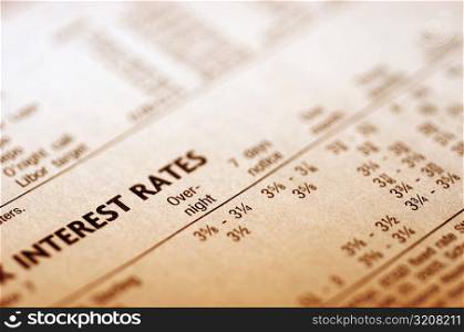 Close-up of a list showing interest rates