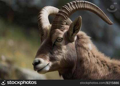 close-up of a majestic ibex with its head turned, horns and face in full view, created with generative ai. close-up of a majestic ibex with its head turned, horns and face in full view
