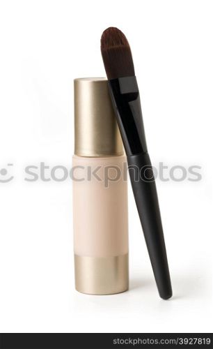 close up of a make up powder and a brush on white background. with clipping path