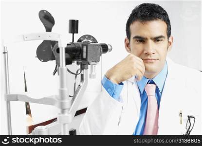 Close-up of a male optometrist thinking with his hand on his chin
