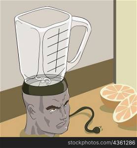 Close-up of a man&acute;s head in the form of an electric juicer