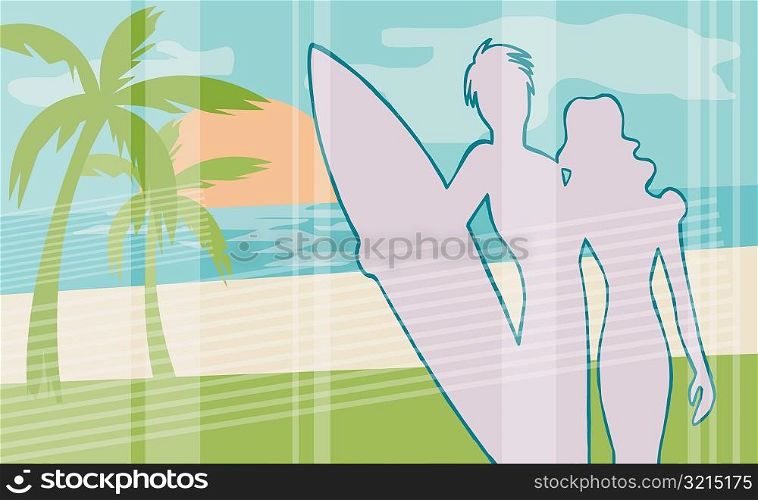 Close-up of a man holding a surf board and standing with a woman