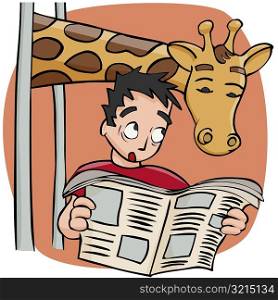 Close-up of a man reading a newspaper with a giraffe above him