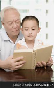 Close-up of a mature man holding a book and teaching his grandson