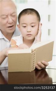 Close-up of a mature man holding a book and teaching his grandson