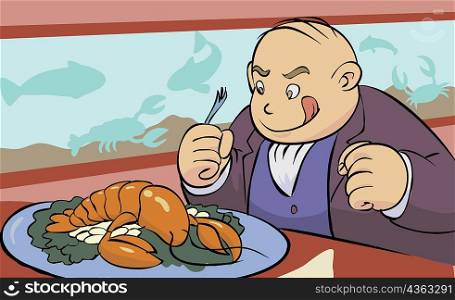 Close-up of a mature man looking at a lobster on a plate
