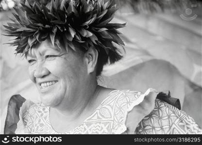 Close-up of a mature woman wearing a laurel wreath, Hawaii, USA