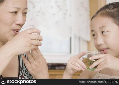 Close-up of a mature woman with her daughter drinking tea