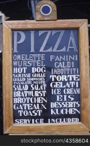 Close-up of a menu board, Italy