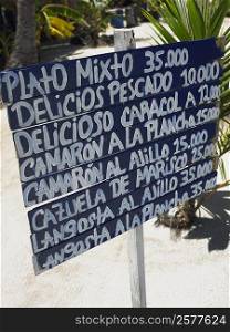 Close-up of a menu board, Providencia, Providencia y Santa Catalina, San Andres y Providencia Department, Colombia