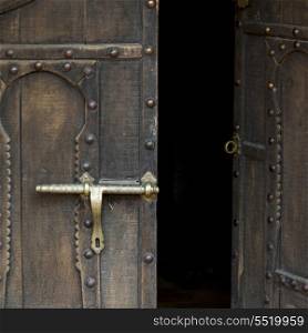 Close-up of a metal door latch at Dar Qamar guest house, Agdz, Morocco