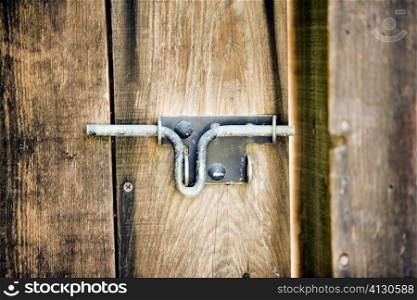 Close-up of a metal door latch, California, USA