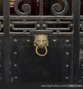 Close-up of a metal gate and doorknocker, Valparaiso, Chile