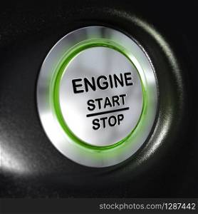 close up of a metallic engine start and stop button, green light, blur effect, automotive starter concept. Black background. Engine Start and Stop Button, Automobile Starter