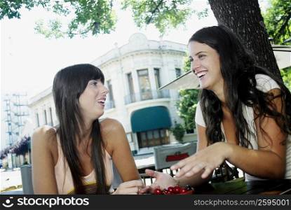 Close-up of a mid adult woman and young woman smiling and talking
