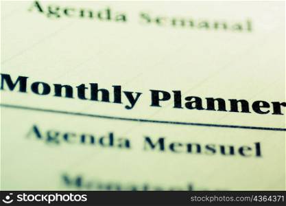 Close-up of a monthly planner