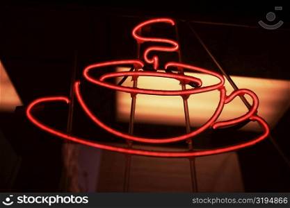 Close-up of a neon sign of a restaurant