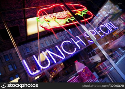 Close-up of a neon sign of a restaurant, Manhattan, New York City, New York State, USA