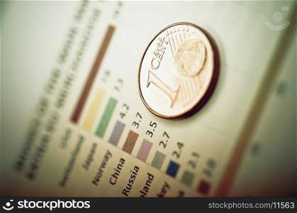 Close-up of a one Euro coin on a bar graph