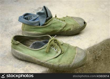 Close-up of a pair of canvas shoes, Xi&acute;an, Shaanxi Province, China