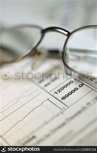 Close-up of a pair of eyeglasses on a financial report