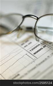 Close-up of a pair of eyeglasses on a financial report
