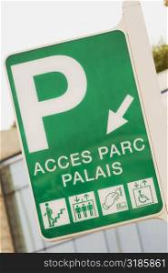 Close-up of a parking sign, Palais Des Festivals Et Des Congres, Cote d&acute;Azur, Cannes, Provence-Alpes-Cote D&acute;Azur, France