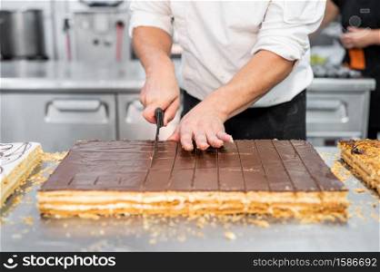 Close-up of a pastry chef cutting a large cake in portions at pastry shop. High quality 4k footage. Close-up of a pastry chef cutting a large cake in portions at pastry shop.