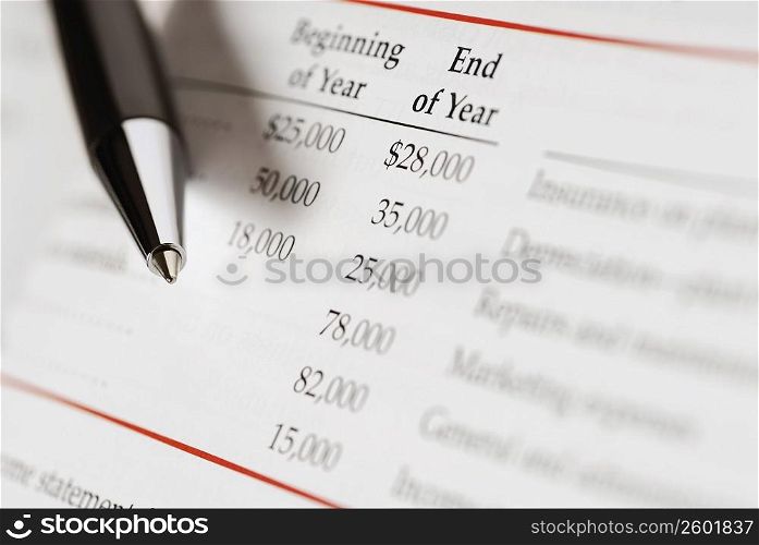 Close-up of a pen on a financial document