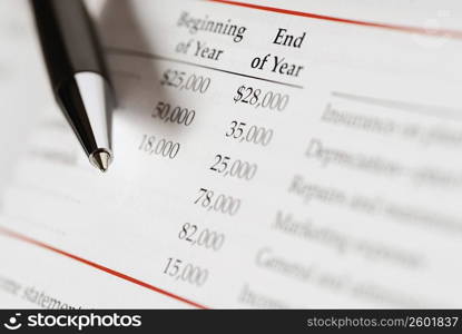 Close-up of a pen on a financial document