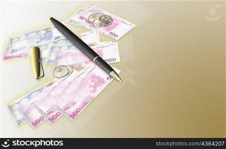 Close-up of a pen on Euro bank notes and coins