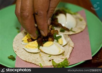 Close-up of a person&acute;s fingers preparing Mexican taco, Cuetzalan, Puebla State, Mexico