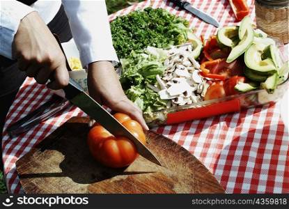 Close-up of a person&acute;s hand cutting a tomato with a kitchen knife