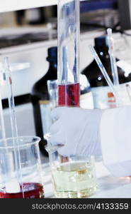 Close-up of a person&acute;s hand holding a graduated cylinder