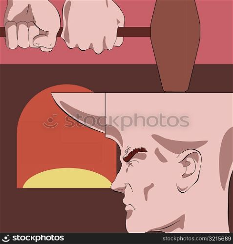 Close-up of a person&acute;s hand holding a hammer over another person&acute;s head as the anvil