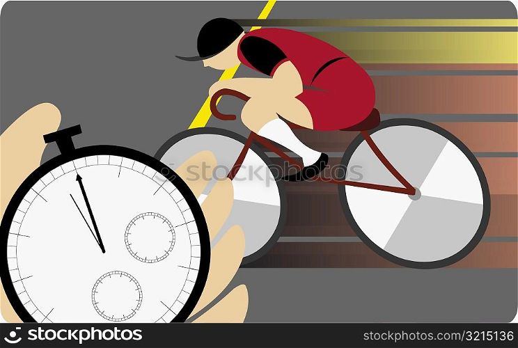 Close-up of a person&acute;s hand holding a stopwatch and a man cycling in background