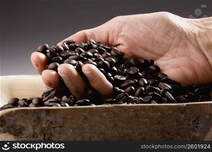 Close-up of a person&acute;s hand holding coffee beans