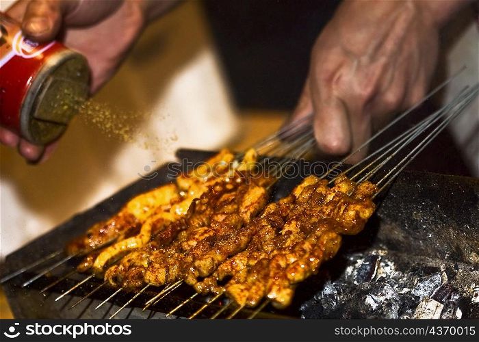 Close-up of a person&acute;s hand sprinkling spice on roasted food, Nanjing, Jiangsu Province, China