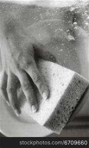 Close-up of a person&acute;s hand washing dishes with a sponge