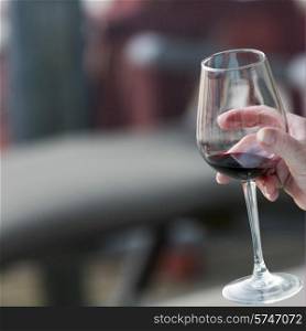 Close-up of a person holding a glass of wine, Lake of The Woods, Ontario, Canada