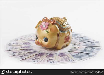 Close-up of a piggy bank on Chinese currency