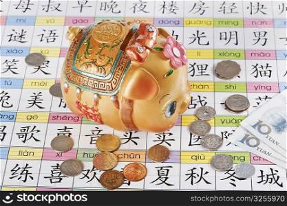 Close-up of a piggy bank with Chinese currency