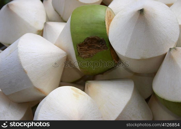 Close-up of a pile of peeled coconuts, Phi Phi Islands, Thailand