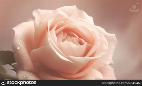 Close up of a pink rose with water droplets on a beige smoky background. Created using AI Generated technology and image editing software.