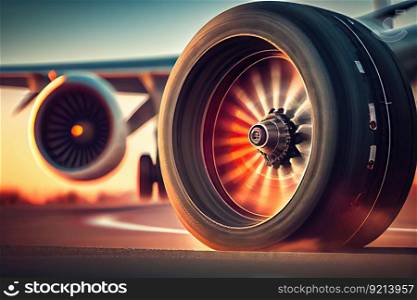 close-up of a plane&rsquo;s wheel, with blurred background of runway and airport, created with generative ai. close-up of a plane&rsquo;s wheel, with blurred background of runway and airport