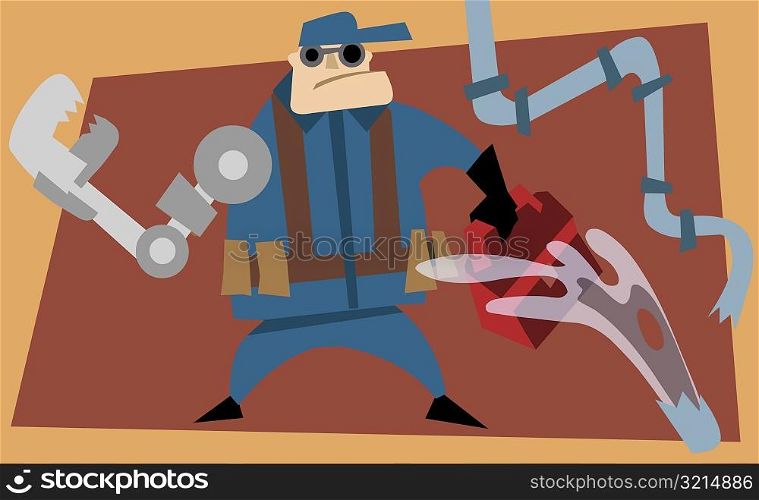 Close-up of a plumber holding a wrench