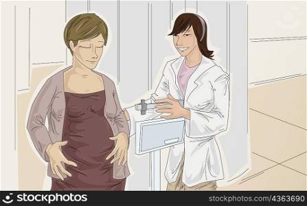 Close-up of a pregnant woman standing with a nurse