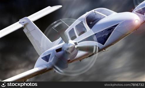 Close up of a private aircraft flying through stormy weather